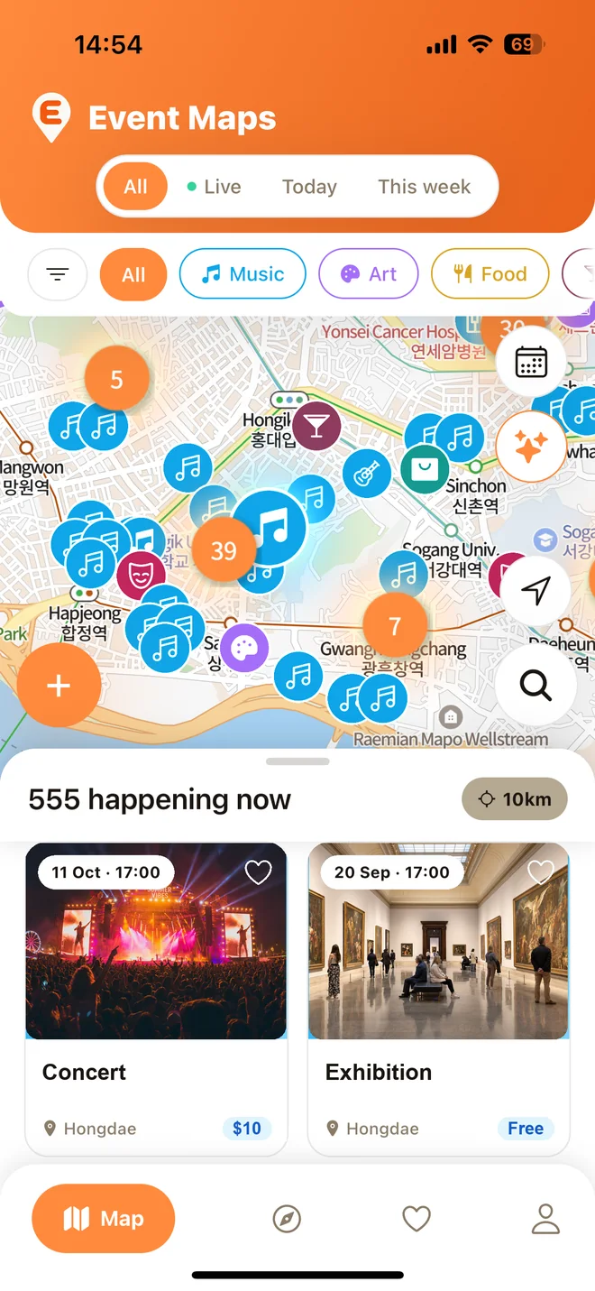 La app Event Maps en Hongdae: los eventos en el mapa y la lista de lo que pasa cerca